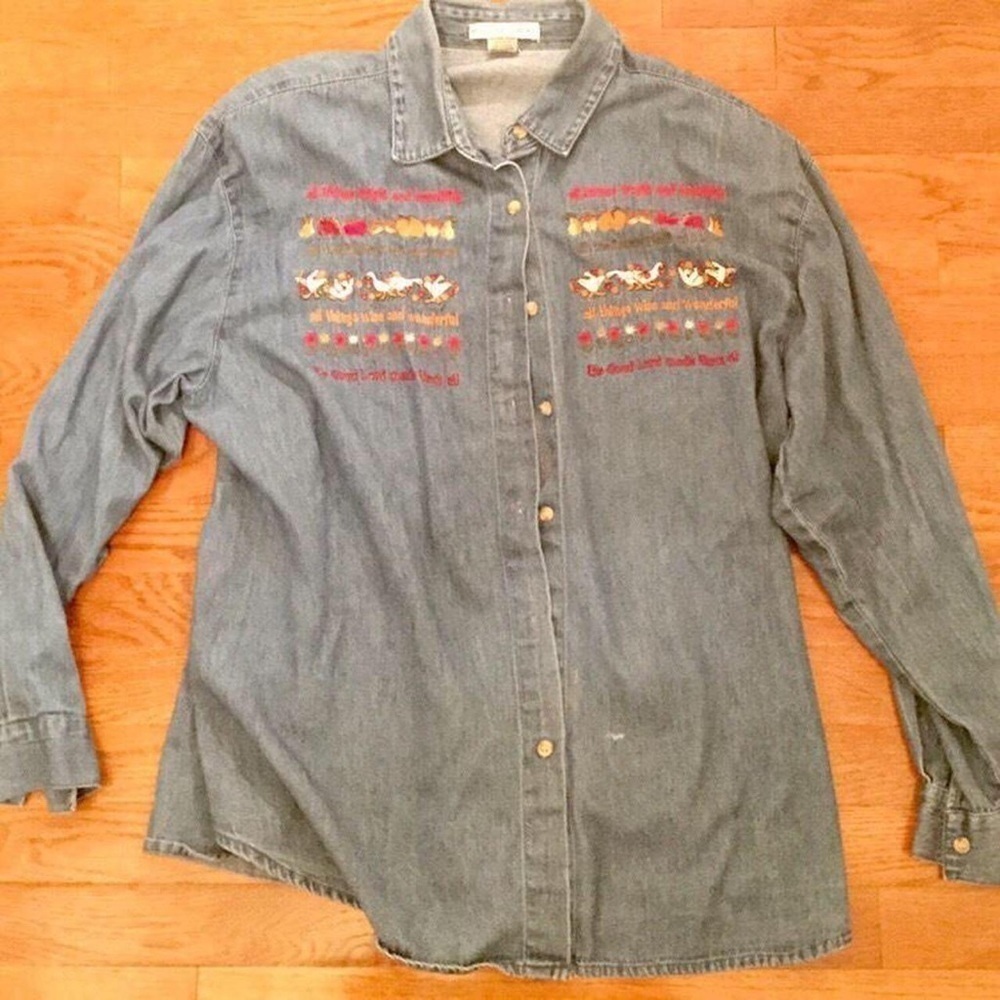 GRANNY CORE VINTAGE DENIM SHIRT ANIMALS PRAYER CRITTER MOM